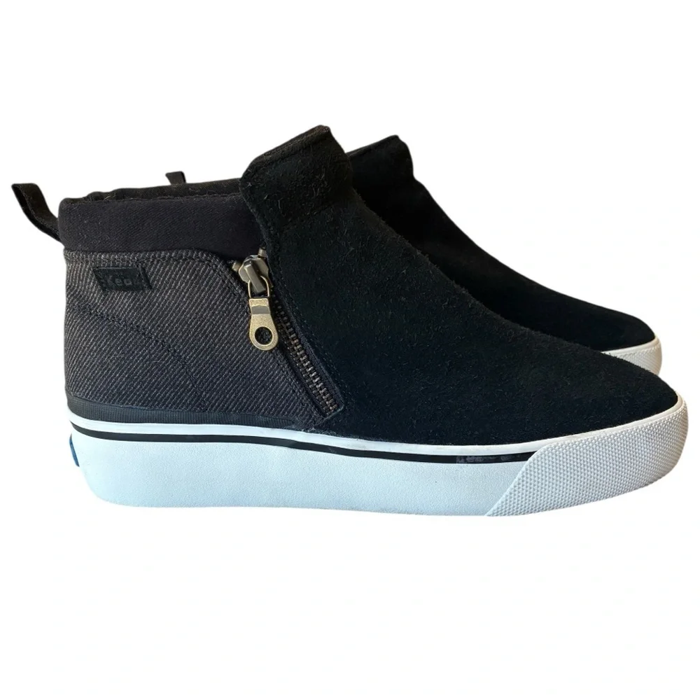 Keds Womens Cooper Black Suede/Canvas Zip Booties, Size 8.5, Excellent Condition